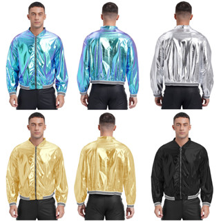 Nikiikoo Mens Metallic Shiny Bomber Jacket แขนยาวด้านหน้าซิป…