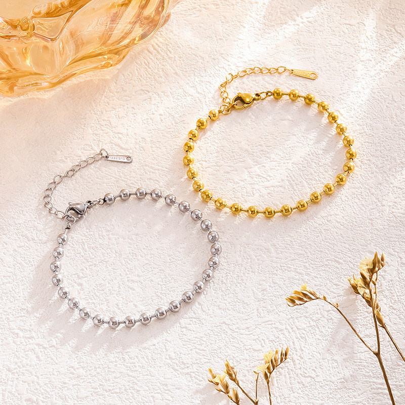 Ht แหวนเหล็กไทเทเนียม 18K Gold Round Bead Bracelet Daily All-Match Stainless Steel Jewelry