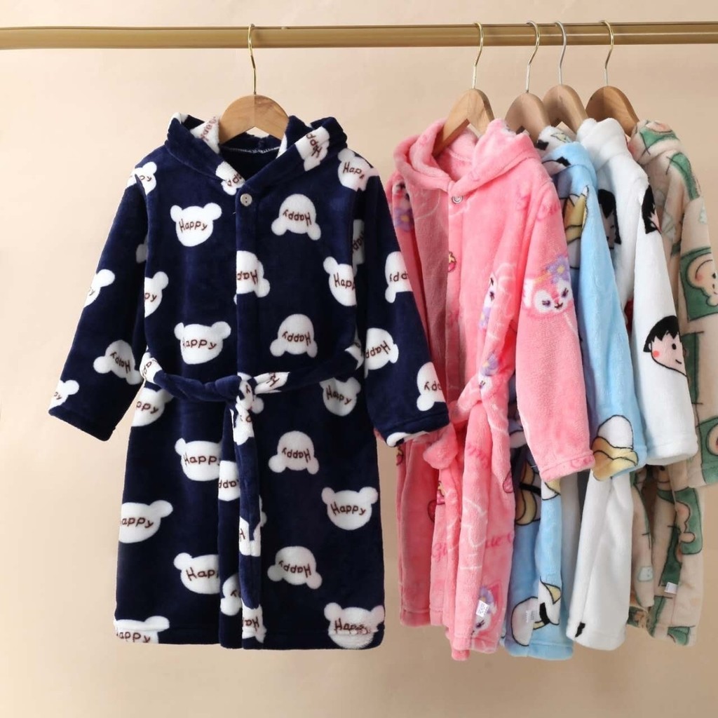 ✓เสื้อคลุมอาบน้ําเด็ก✓ เด็กชุดนอนผ้าสักหลาดหนาเสื้อคลุมอาบน้ําชายหญิงขนแกะปะการังบ้านชุดนอนเด็กยาวสี่ฤดูกาลเสื้อคลุมอาบน้ํา