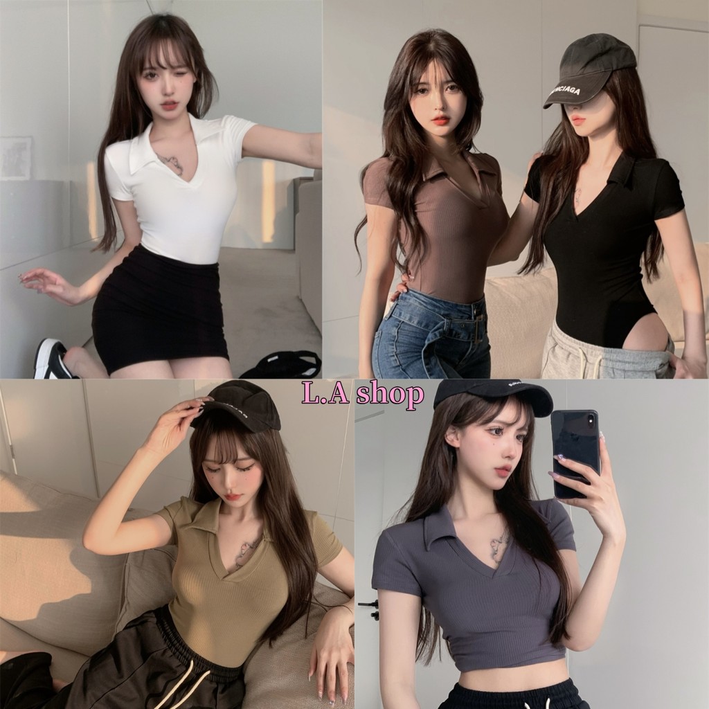 L.A Shop★สไตล์ใหม่★เสื้อบอดี้สูทไหมพรมดีเทลหน้าวีแต่งคอปกแขนสั้น สายฝอมาก "DX-9732-H/D15"