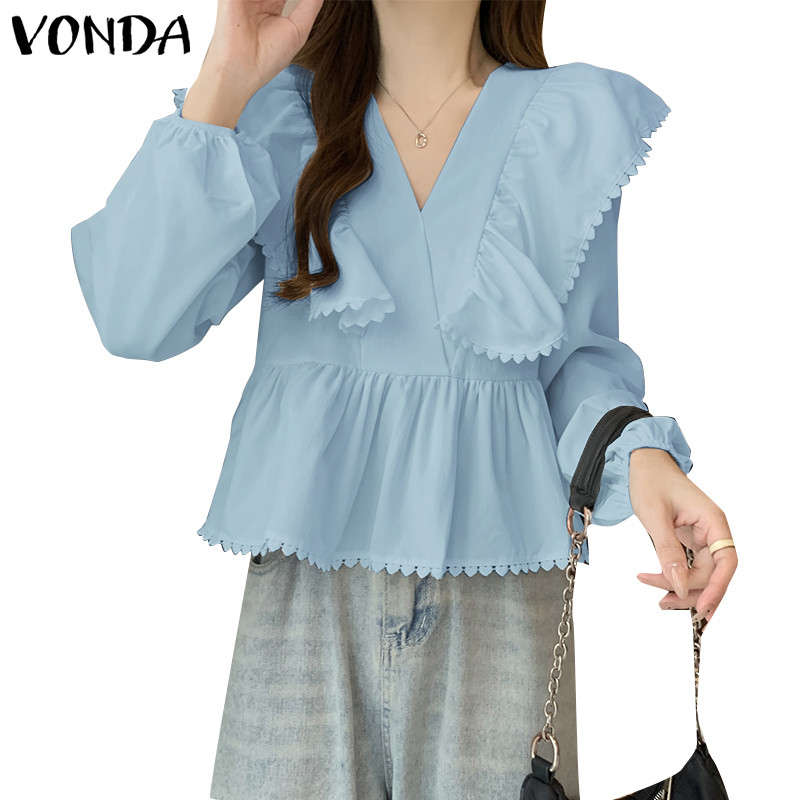 Vonda เสื้อเบลาส์สีทึบแขนยาวคอวีเกาหลีสําหรับผู้หญิง