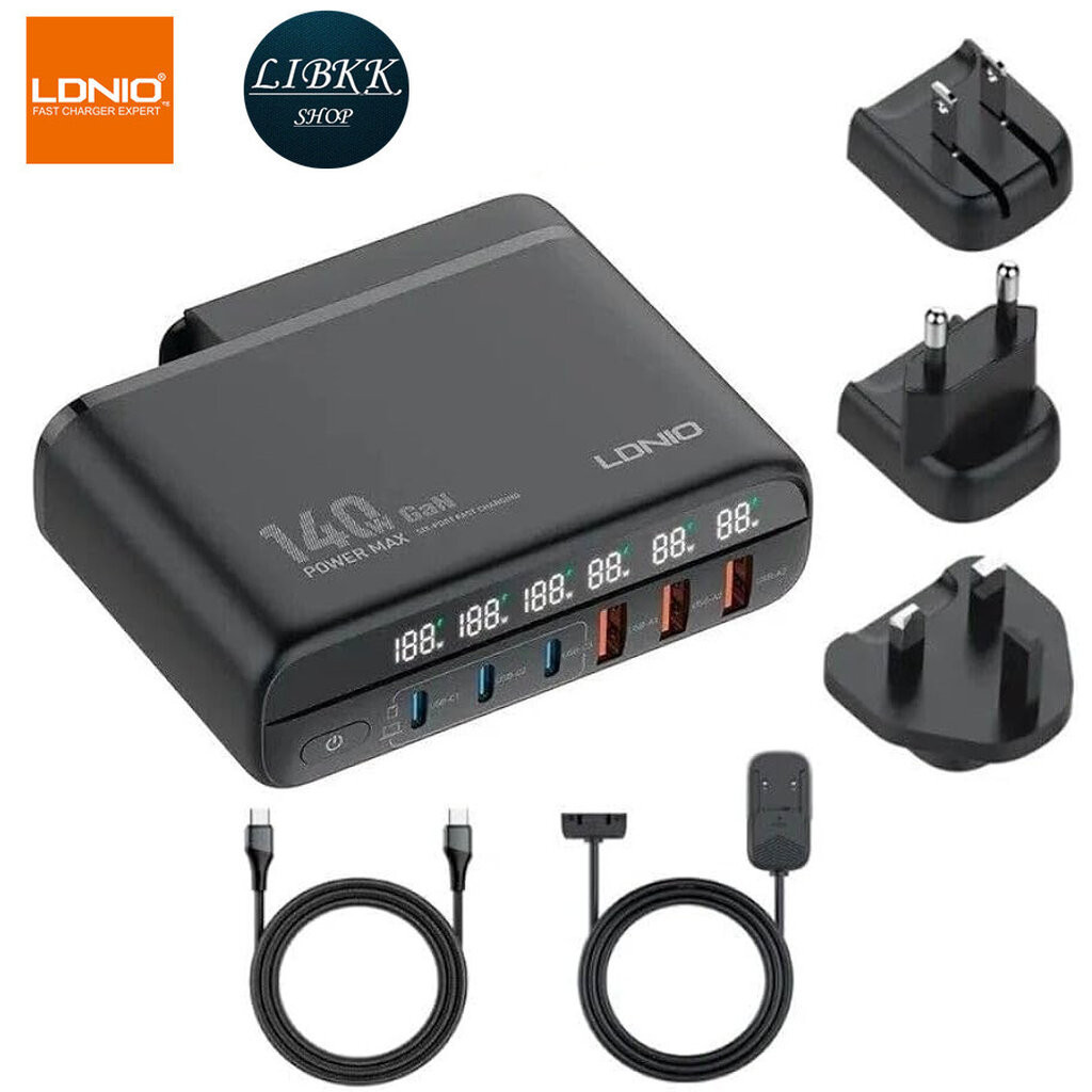 LDNIO A6140C Super fast charging อุปกรณ์ขยายหัวชาร์จ USB-A*3 , USB-C*3 สวิตซ์เปิด-ปิด จอLED รองรับกา