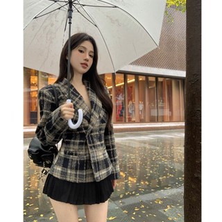 เวอร์ชั่นเกาหลี Retro High-End ชุดลายสก๊อตทําด้วยผ้าขนสัตว์เ…