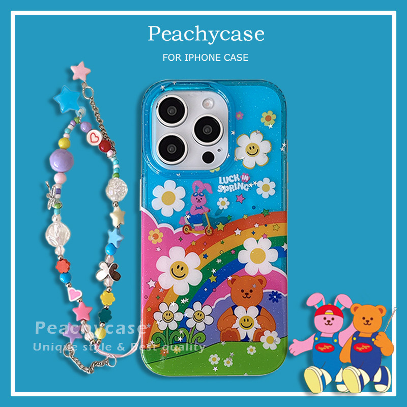 Glitter Kawaii Wiggle Rainbow Bear Sunflower เคสโทรศัพท์สําหรับ iPhone 16 15 14 13 Pro Max 16pro พร้อมดาวโซ่ IMD Shock ทนมือถือฝาหลัง Shell