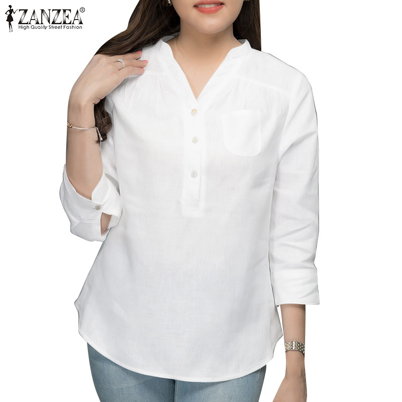 ZANZEA ใส่ ซานเซีย ผู้หญิงแฟชั่นเกาหลีลําลองคอวีกระเป๋า3/4แขนเอวเสื้อท็อปส์