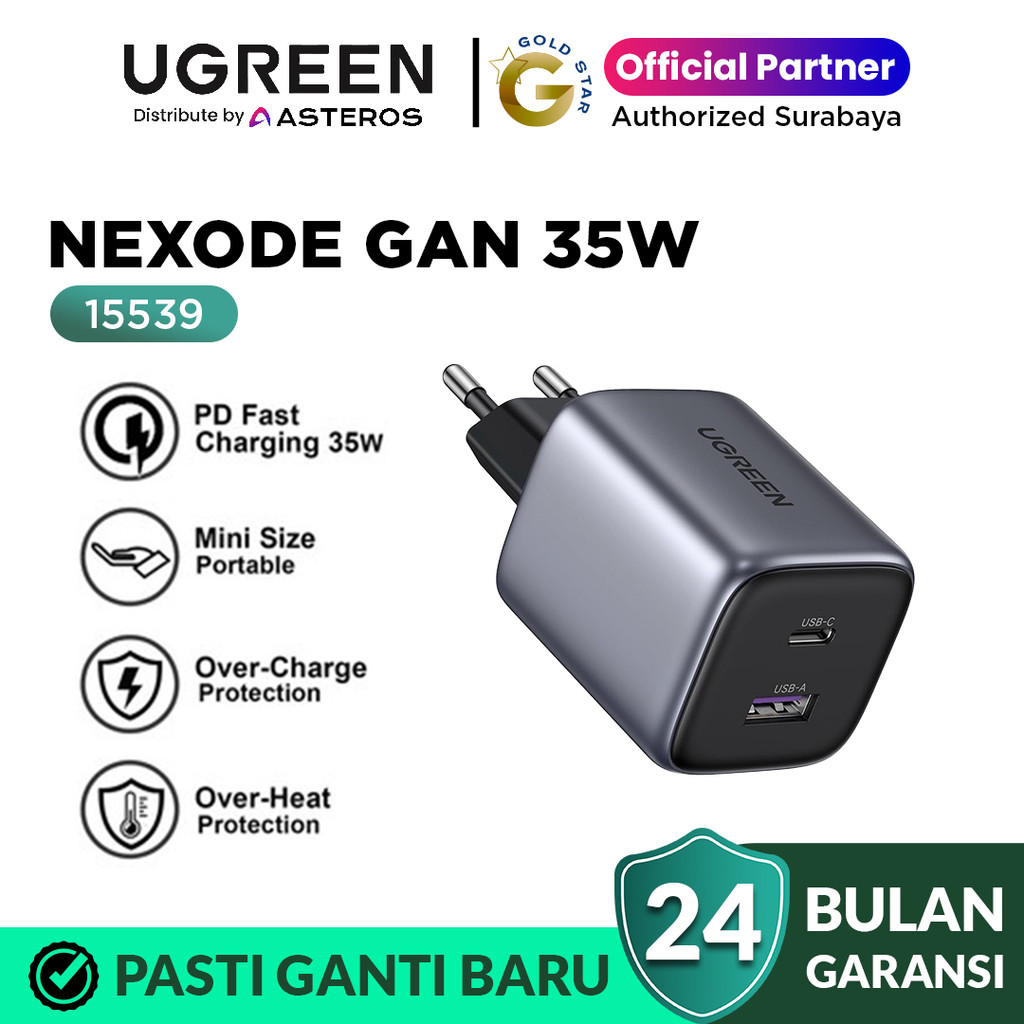 UGREEN GaN Dual Port USB A และ USB Type C หัวชาร์จแบบชาร์จเร็ว 35W 15539