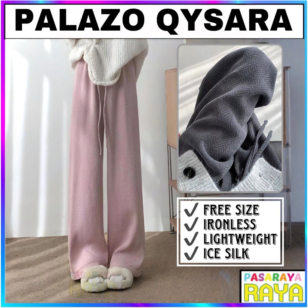 Qysara Palazo KGT Ironless ฟรีขนาด KGT Palamo กางเกงผ้าไหมน้ําแข็ง Seluar Getah Palazo Panjang