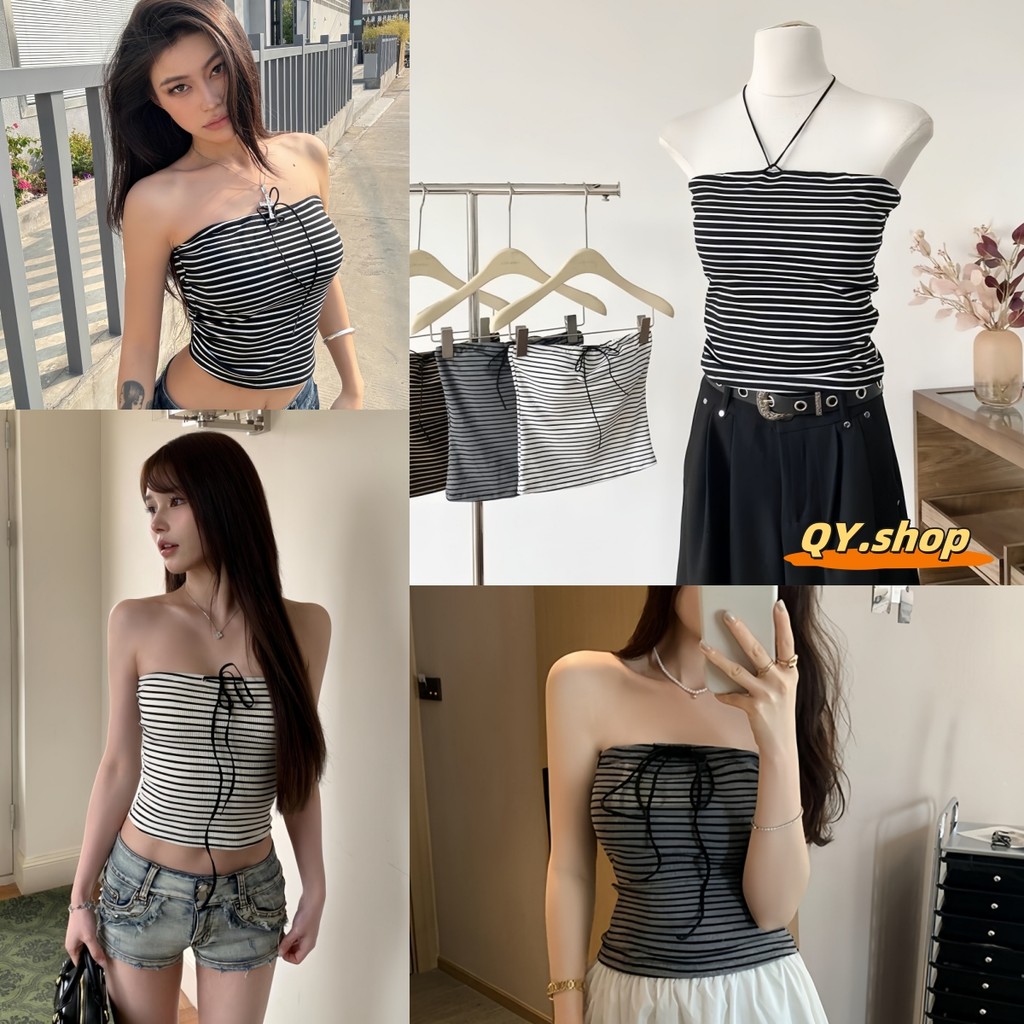 QY.Shop⭐️สินค้าราคาพิเศษ⭐️พร้อมส่ง เสื้อเกาะอก มีฟองน้ำ สไตล์เกาหลี ดีเทลลายทาง ยืดพอดีตัว "FY1840"