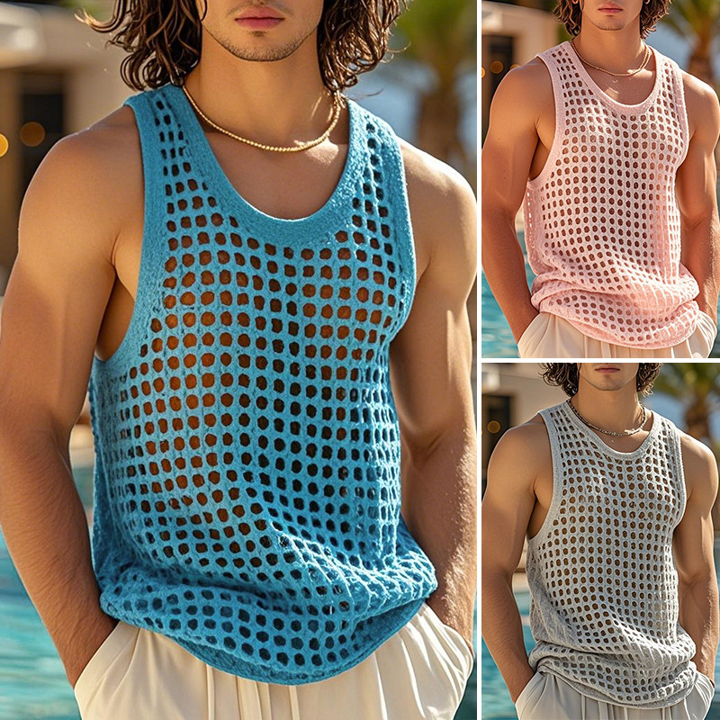 ไม่แน่นอน เสื้อกล้ามแขนกุดตาข่ายสไตล์ชายหาดสําหรับผู้ชาย
