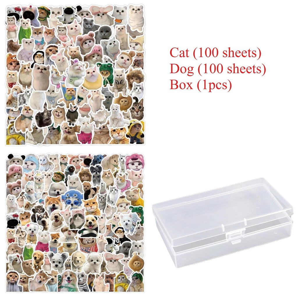 สติ๊กเกอร์ 200 ชิ้นสําหรับแมวและสุนัขพร้อมกล่องใสสติกเกอร์สัตว์น่ารักการ์ตูน ทําเอง สติ๊กเกอร์ตกแต่ง