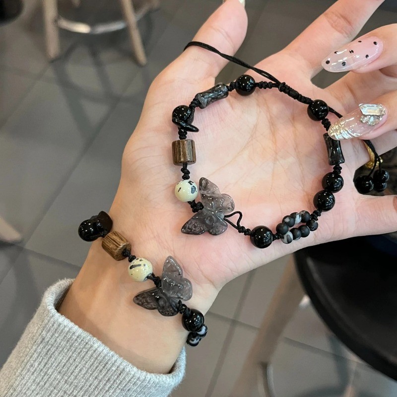 ประณีตเสน่ห์มือเชือกสร้อยข้อมือผีเสื้อจี้ปรับสร้อยข้อมือเชือกสีดําสําหรับ ฮันฟู และชั้นที่ทันสมัย