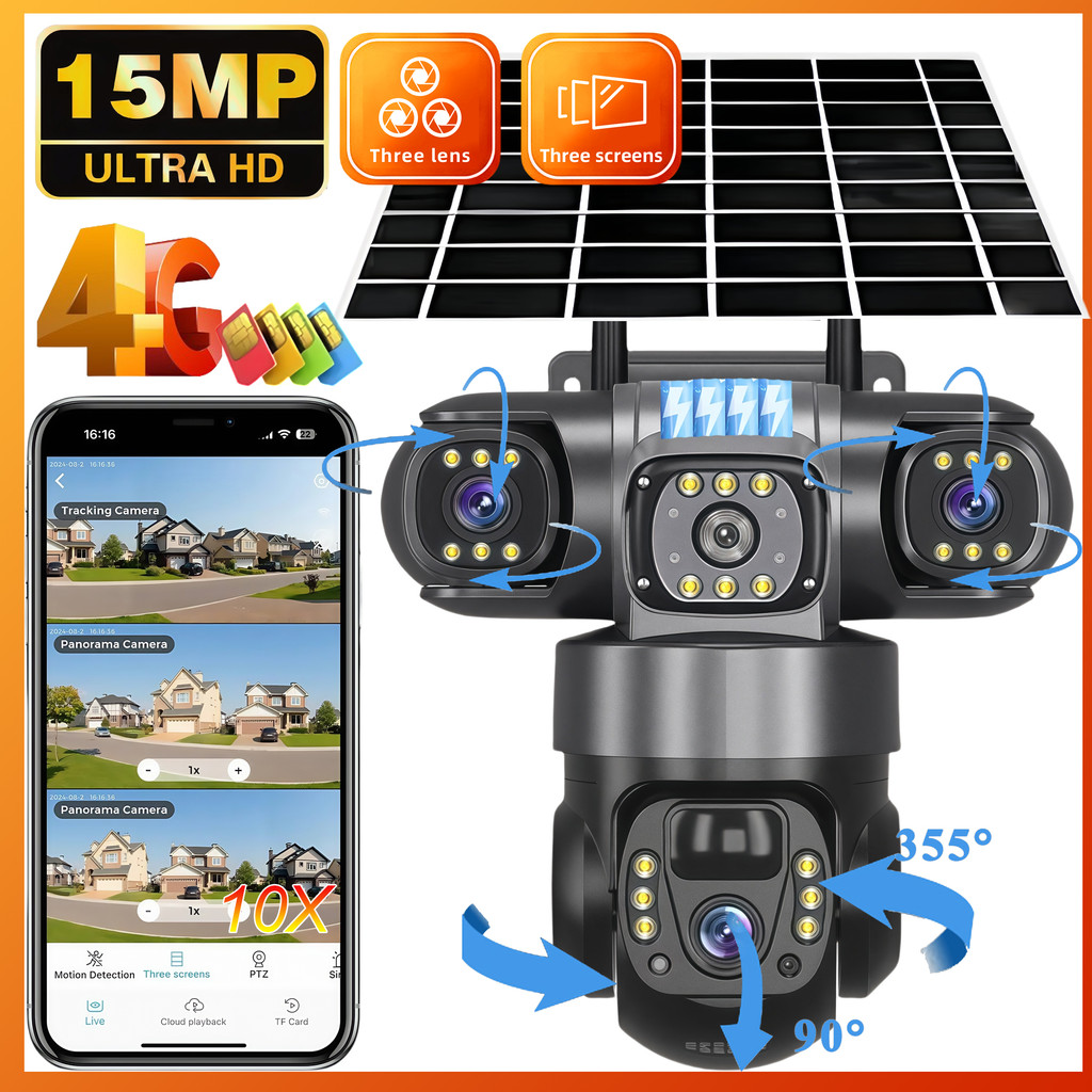 TDL 3 เลนส์ 4G พลังงานแสงอาทิตย์กล้อง HD15 MP360 กันน้ํากลางแจ้ง Night Vision 2-Way Audio กล้อง Human Detection IP กล้อง