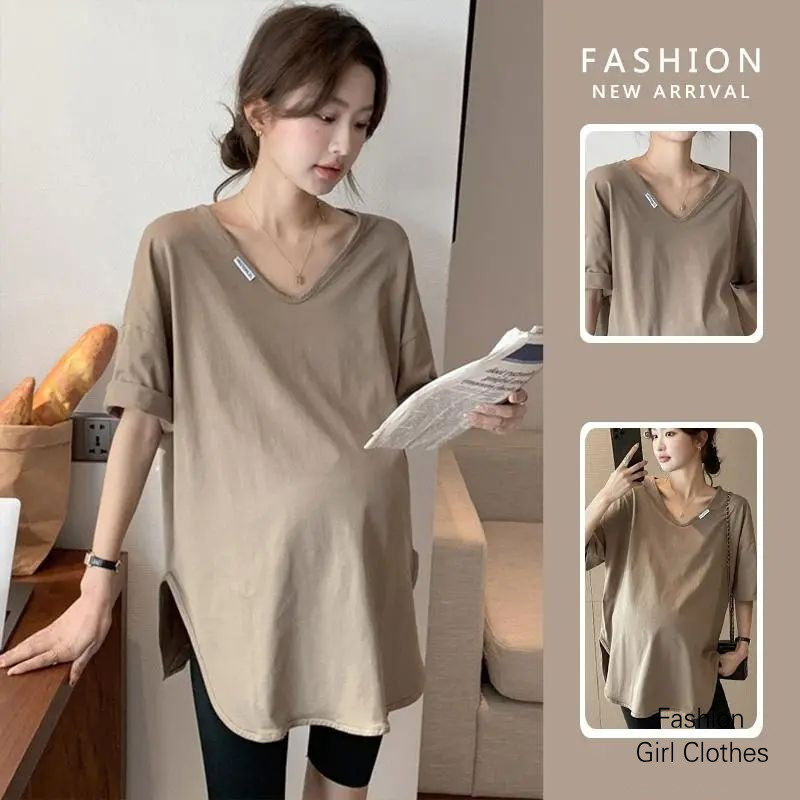 [4 สี] คอวีคลอดบุตรด้านบนตั้งครรภ์เสื้อยืดฤดูร้อนอารมณ์สบายๆหลวมขนาดใหญ่คลอดบุตร เรา