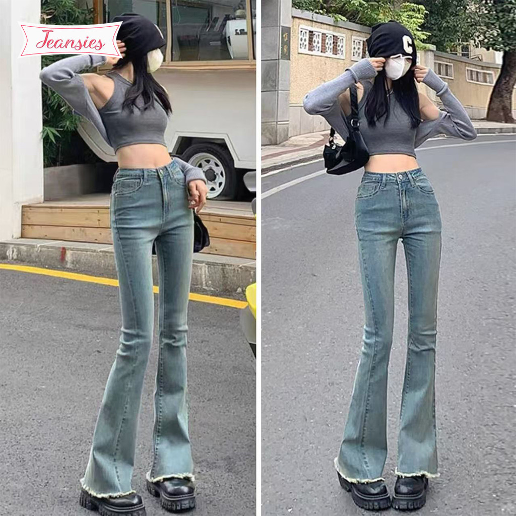 กางเกงเอวสูงทรงสวย ผ้ายืดขากระดิ่งแนววินเทจ