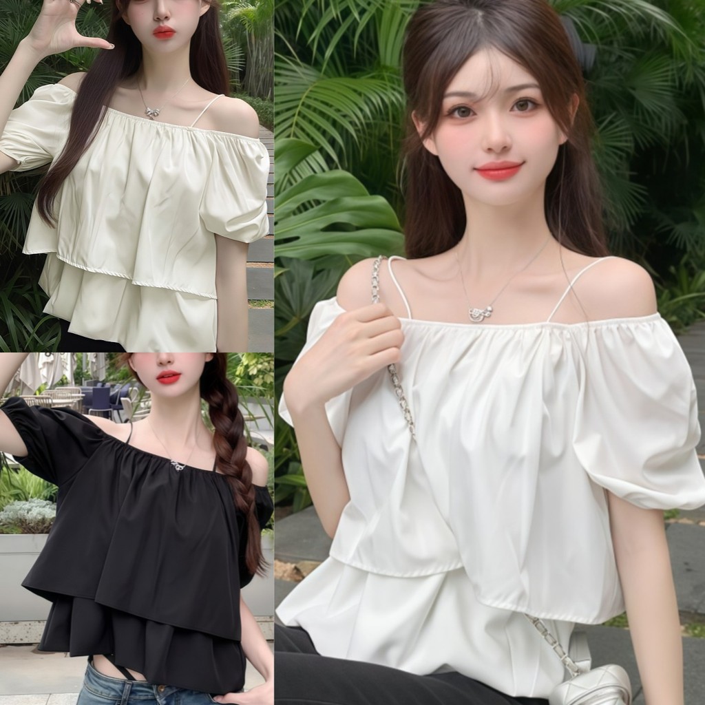 Chic พร้อมส่ง เสื้อครอป แขนตุ๊กตา แบบเลเยอร์ 2 ชั้น น่ารักมาก สำหรับสาวหวาน ใส่ไปคาเฟ่ ผ้าคอตตอน ใส่สบายมาก