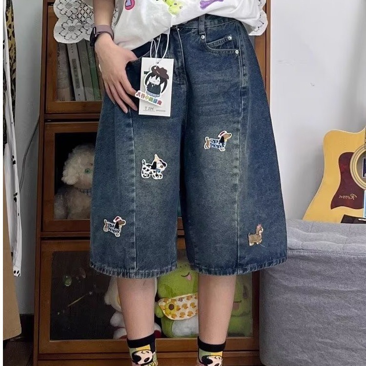 EERSHENSHI American High Street Retro ขากว้าง Cropped Denim กางเกงกลางฤดูร้อนกระชับสัดส่วนหลวมตรง