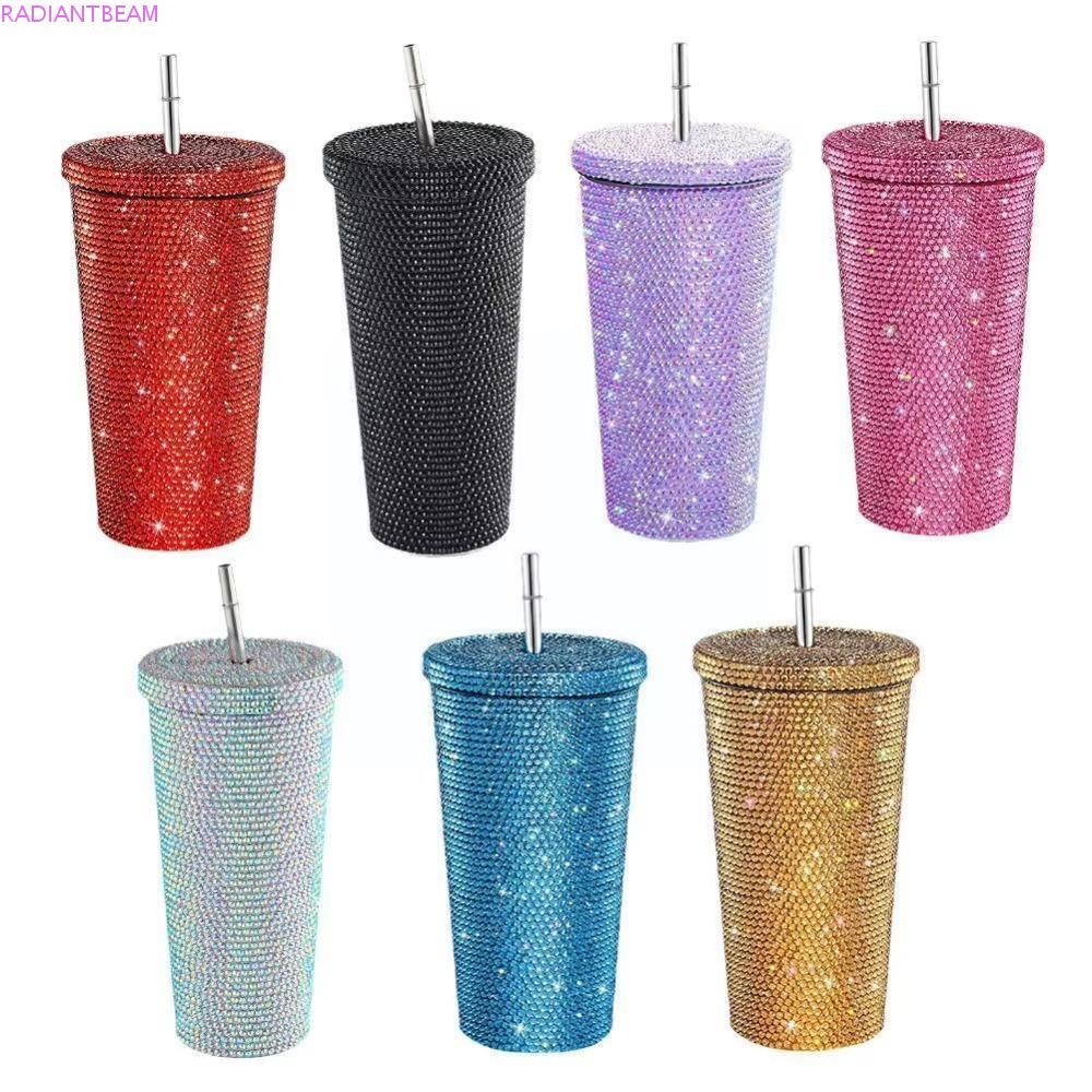 RADIANTBEAM Rhinestone Thermos ขวด, 500 ml/750 ml Double Layer Glitter ถ้วยกาแฟ, กีฬาดื่มขวด Shining Reusable พร้อมฝาปิดฟางกระติกน้ําสูญญากาศสํานักงาน