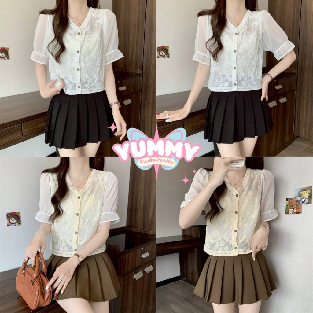 🎀Yummy Shop🎀พร้อมส่ง (19230) เสื้อไหมพรมแขนสั้น คอวี น่ารัก กระดุมด้านหน้า