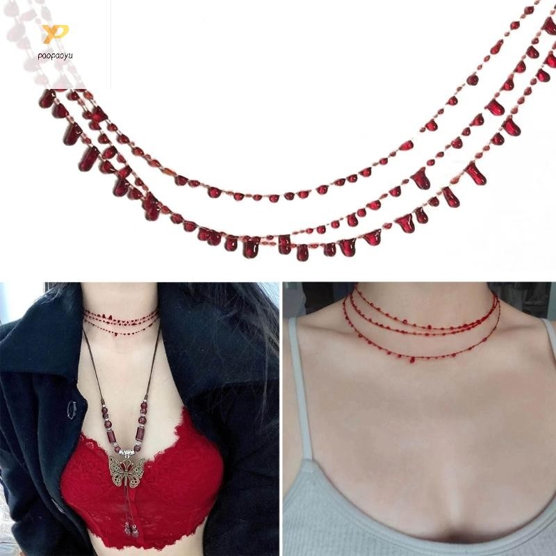 PMY Sparkly เลือดสีแดงChokersสร้อยคอสีแดงเรซิ่นเลือดDropสร้อยคอที่ไม่ซ้ํากันสีแดงเรซิ่นจี้Clavicle C
