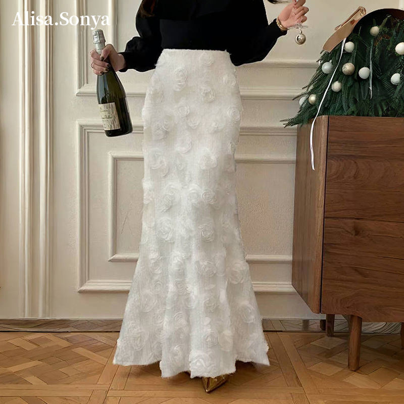 Alisa.Sonya กระโปรงยาวผู้หญิง สไตล์ Ins ทรงดอกไม้ สีขาว หวาน เรียบหรู 24AS1205