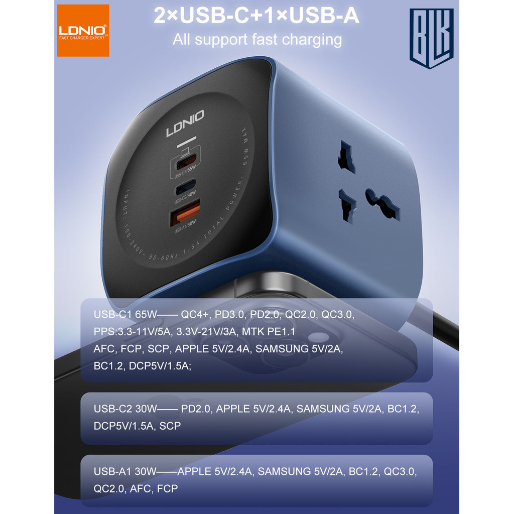 LDNIO SC3319 ปลั๊กไฟ AC GaN EU US UK 65w ซ็อกเก็ตคอมพิวเตอร์ปลั๊กไฟ Cube 6 in 1 ปลั๊กไฟ Cube เครื่อง