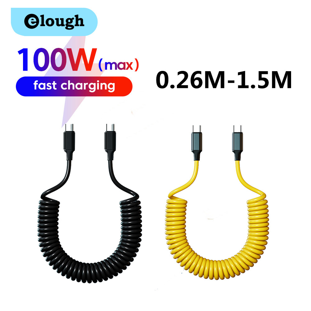 Elough 100W Spring Flash ชาร์จประเภท C ถึง Type C สายเคเบิลข้อมูล 30W ประเภท C ถึง lOS สายชาร์จสีดําสีเหลือง 0.26M-1.5M