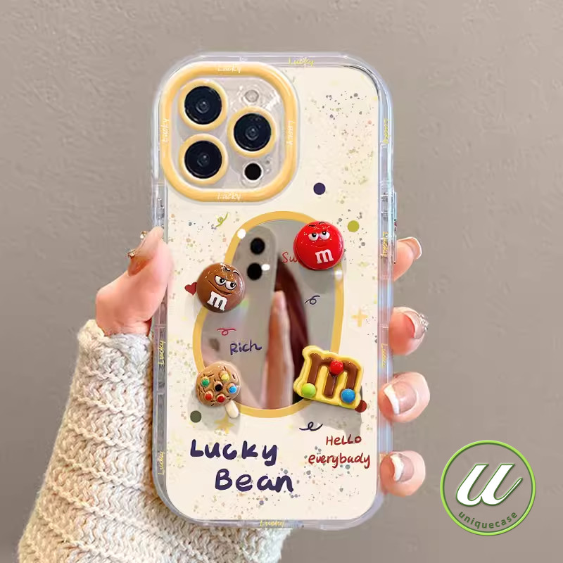 การ์ตูนน่ารัก M ถั่วศิลปะดูเดิลสร้างกระจก เคส IPhone 11 13 16 14 15 12 Pro Max 7Plus 16 15 7 8 Plus XS Max X XR SE 2020