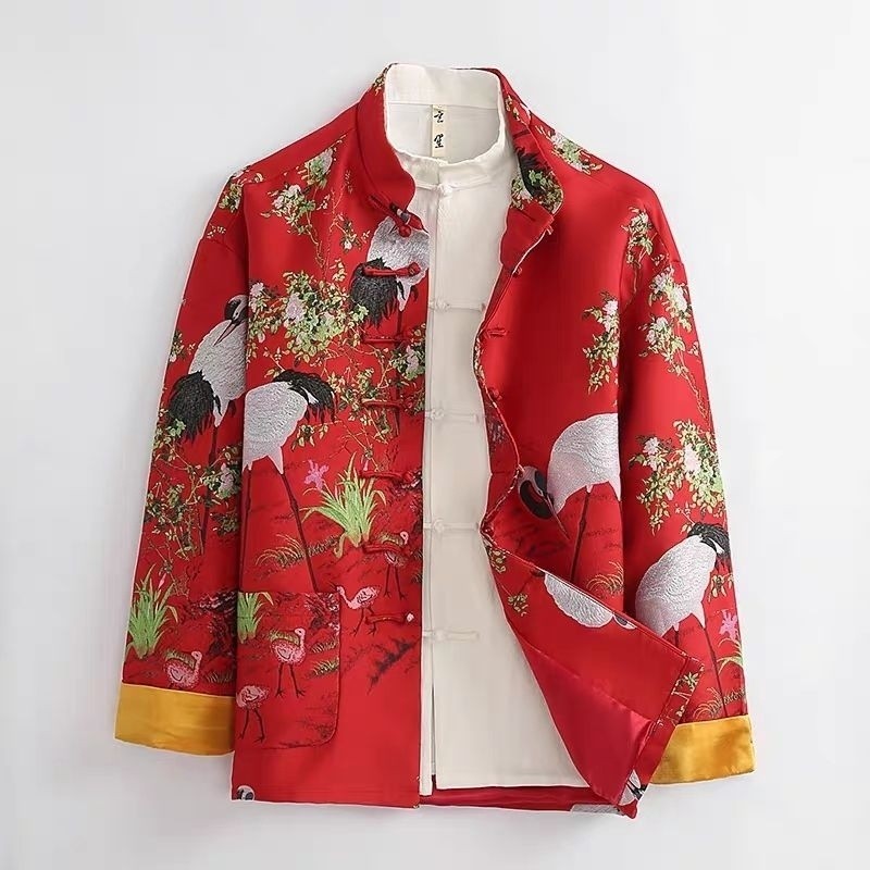 Tang Suit Men's Printed Chinese button knots VINTAGE STAND COLLAR TOP