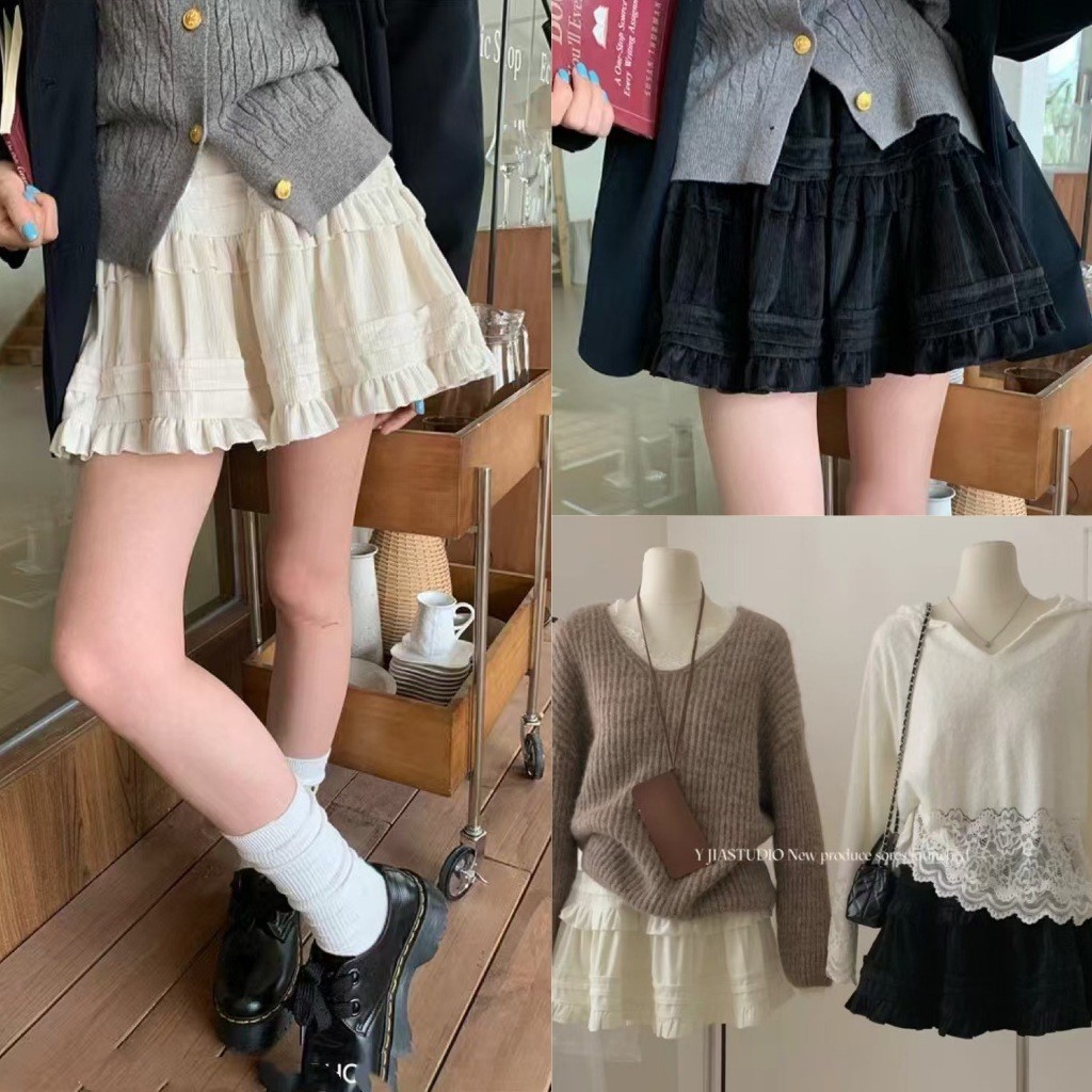 กระโปรง เอวสม็อค Y6158 แต่งระบาย ทรงน่ารัก แฟชั่นเกาหลี TAG KOREA