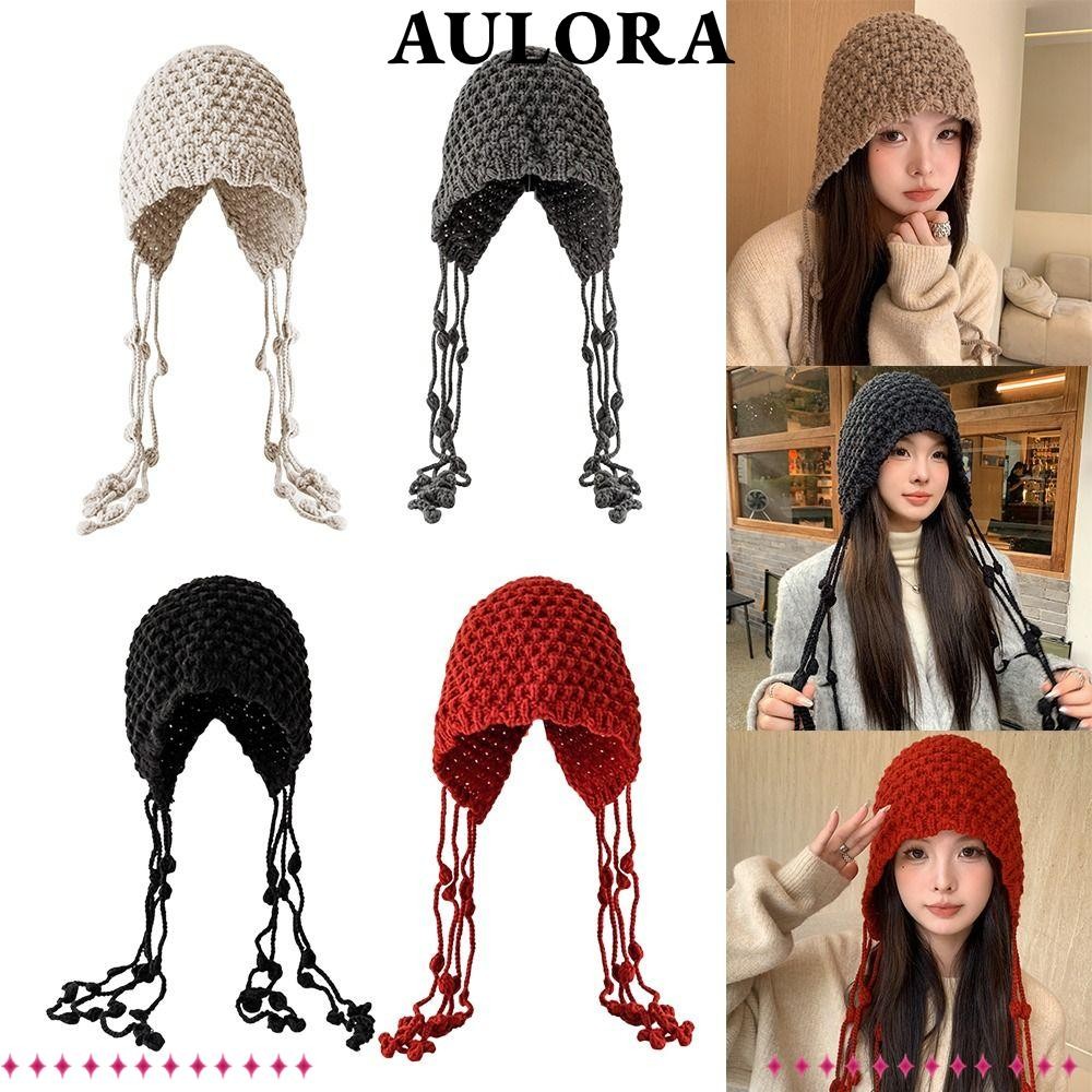 Aulora หมวกป้องกันหู, หมวกถักแฮนด์เมดพู่, ขนสัตว์กันลมหวานหมวกสวมหัวผู้หญิง
