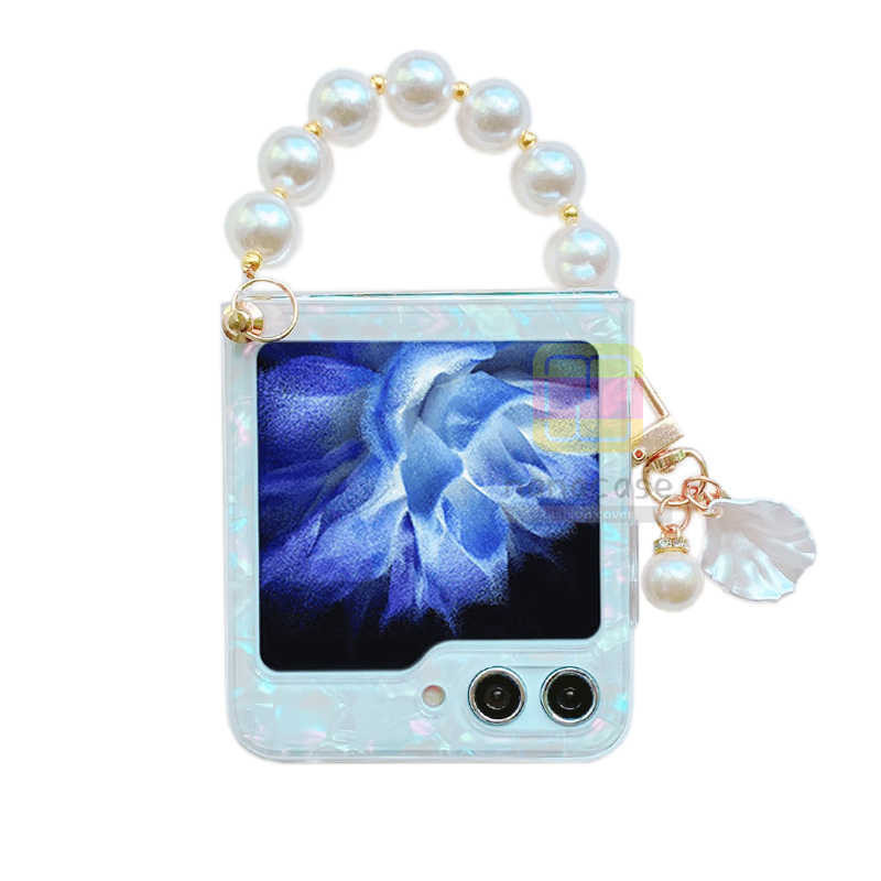เคสเชลล์สาดพร้อมสร้อยข้อมือมุก Samsung Galaxy Z Flip 6 Z Flip 5 Z Flip 4 Z Flip 3 Z Flip 2 Z Flip 1 