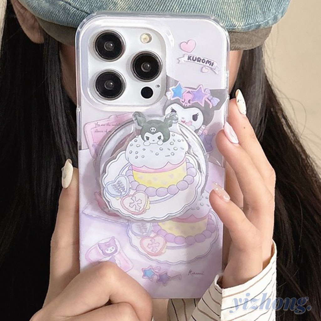 ปลอกสําหรับ iPhone 17 16 Pro Max 15 14 13PM 12 ไร้สายชาร์จ Girly เค้ก Kuromi การ์ตูนรูปแบบ TPU เคสโทรศัพท์แม่เหล็กดึงดูดขาตั้ง Anti-scratch เปลือกป้องกันฝาครอบ