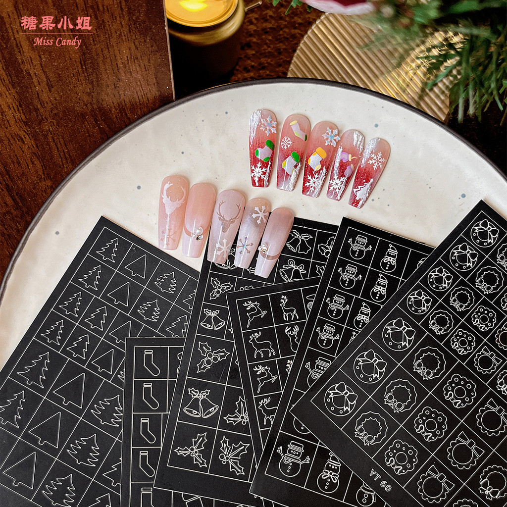 สติกเกอร์ติดเล็บลายสโนว์แมนคริสต์มาสแบบใหม่ โบว์ พวงหรีด กระดิ่ง สโนว์แมน กวาง กาวติดเล็บ