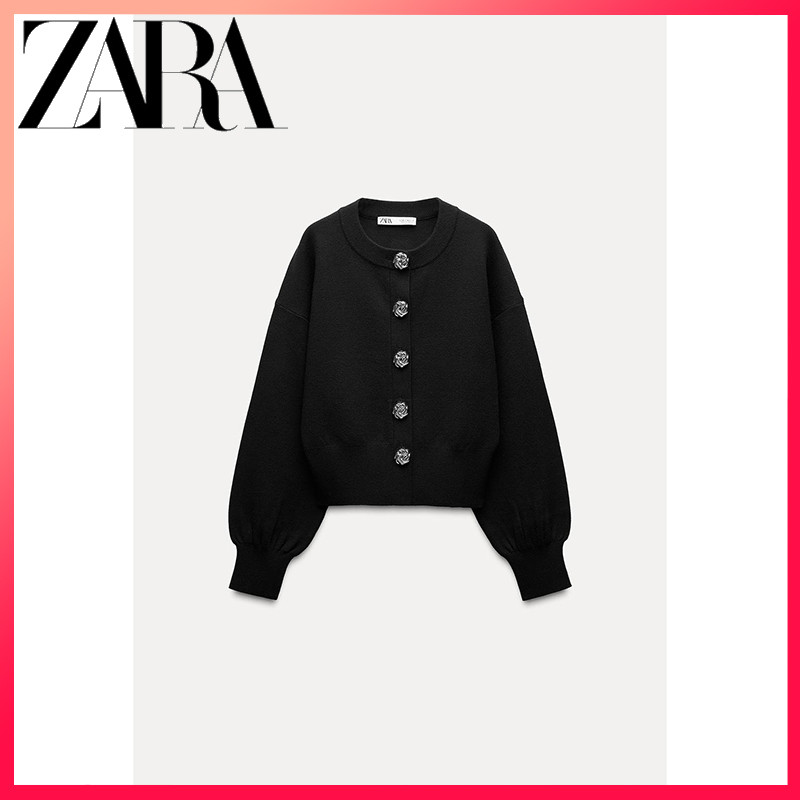 ZARA ซาร่า ฤดูใบไม้ร่วงและฤดูหนาวสินค้าใหม่เสื้อผ้าผู้หญิงคอกลมแขนยาวเสื้อคาร์ดิแกนถักกระดุมขนาดใหญ่