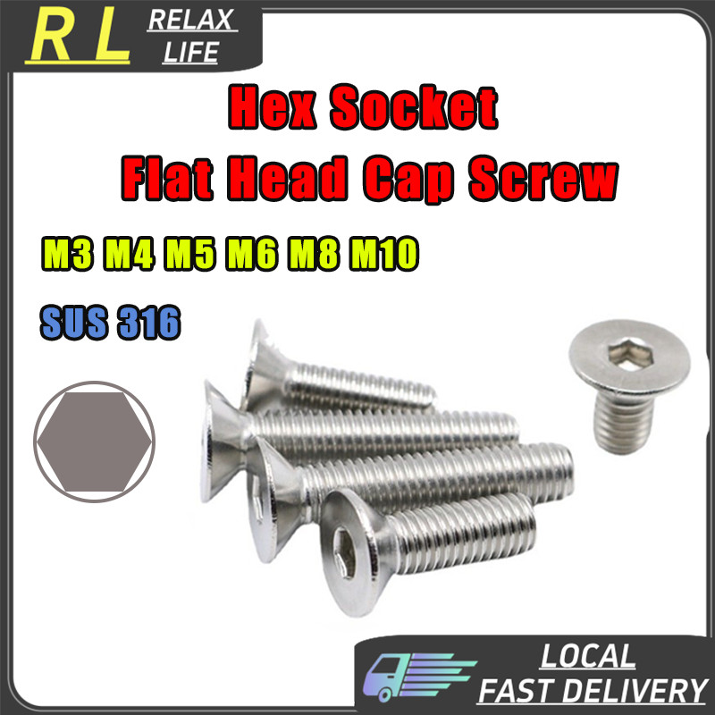 [RL] SUS 316 Hex Socket Button สกรูหัวแบนโลหะผสม Staness Steel Countersunk Oxide Allen Key M3 M4 M5 M6 M8 M10Skru