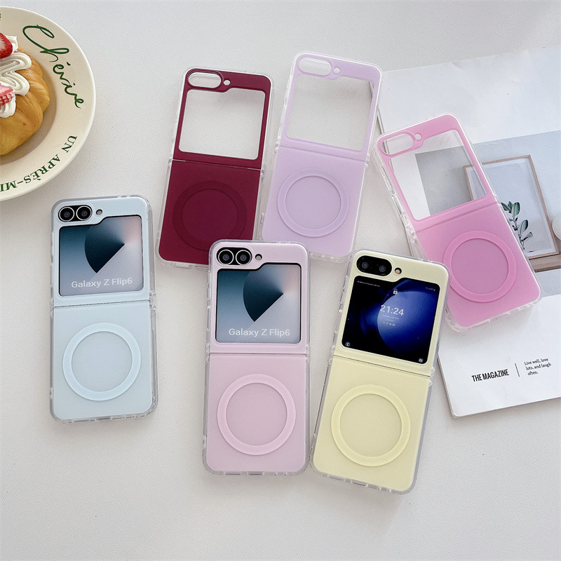 Candy สีแม่เหล็กไร้สายชาร์จหนัง Lanyard เคสโทรศัพท์สําหรับ Samsung Galaxy Z Flip 6 4 3 5 Z Flip6 ZFlip 6 ZFlip6 สองด้าน IMD ฝาครอบกันกระแทก