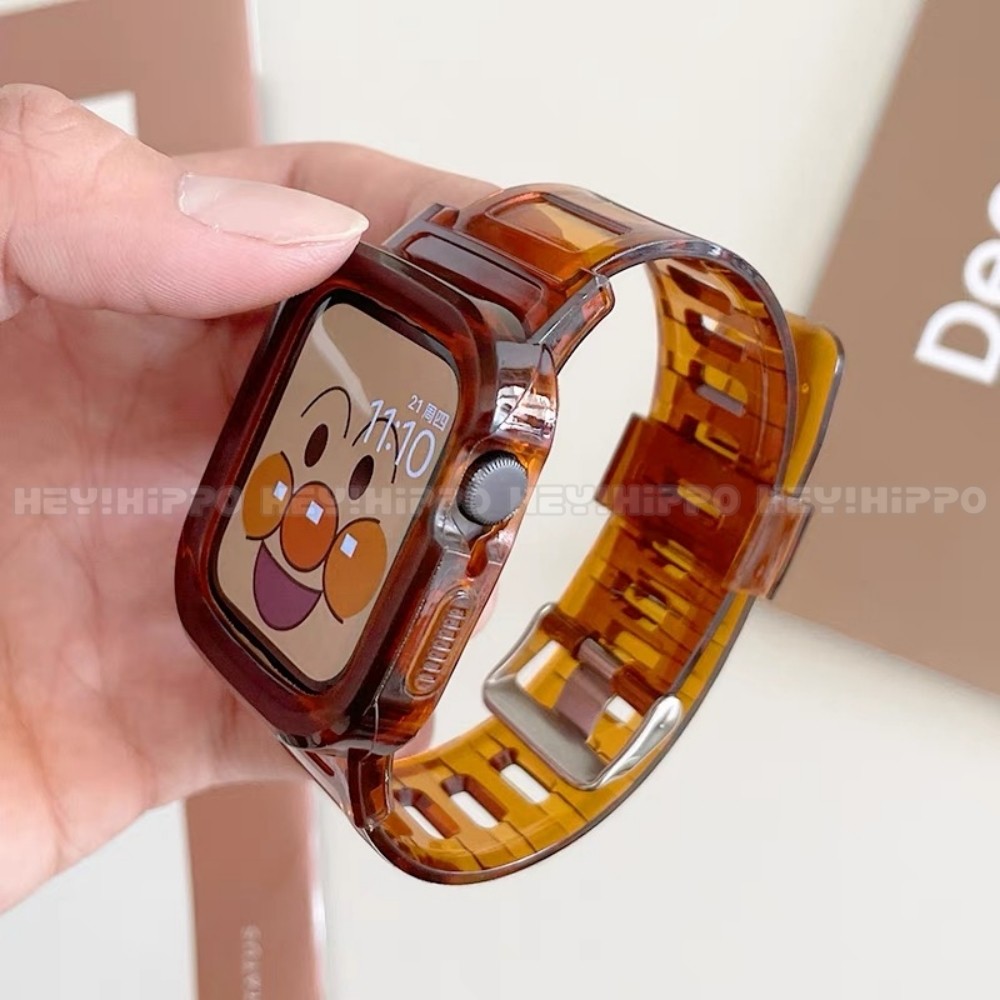 สายรัดในตัวสีกาแฟเหมาะสําหรับสมาร์ทวอทช์ซีรีส์ 10/9/8/7/6/5/SE/4/3/2/1 สายโปร่งใสเหมาะสําหรับ iwatch 49/46/45/44/42/41/40/43 มม. เหมาะสําหรับ Apple watch