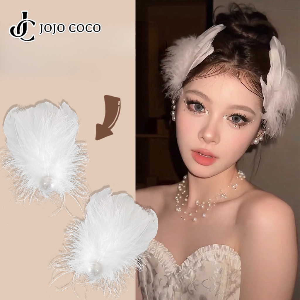 โจโจ้ โกโก้ 2ชิ้นฝรั่งเศสมุกขนนกกิ๊บสําหรับผู้หญิงสาวเจ้าสาวคลิปด้านข้างกิ๊บเรียบอุปกรณ์ผม