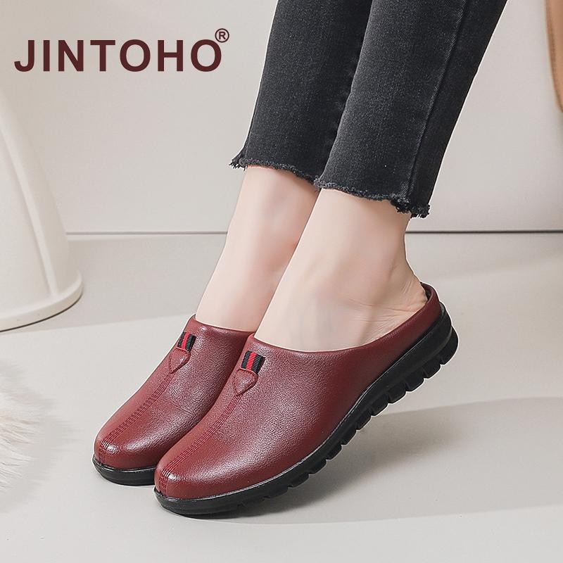 Jintoho Slip on Women รองเท้าแตะฤดูหนาวที่อบอุ่นหนังกันน้ํารองเท้าแตะคุณแม่รองเท้าขี้เกียจ