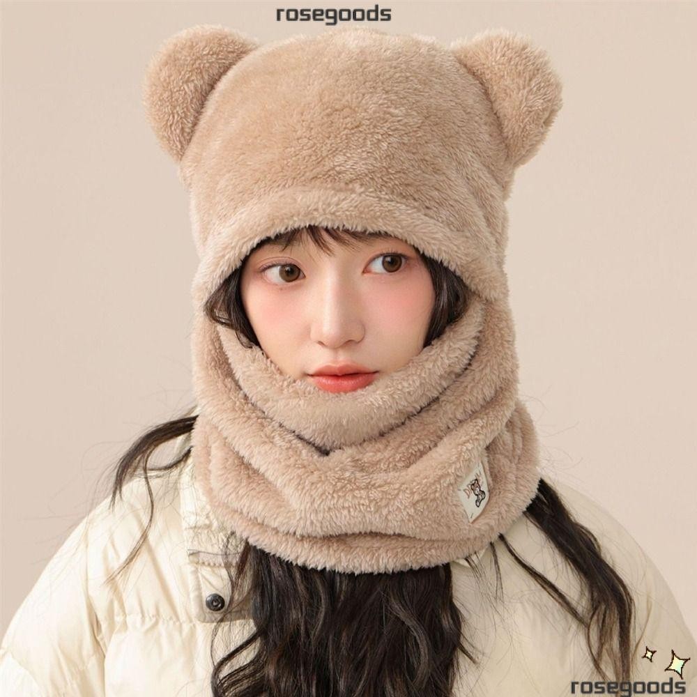 Rose Beanies หมวก, ฤดูหนาวที่อบอุ่น Coldproof หมวกผ้าพันคอชุด, น่ารักน่ารักหมีหนา Plush Bomber หมวกผู้หญิงหญิง