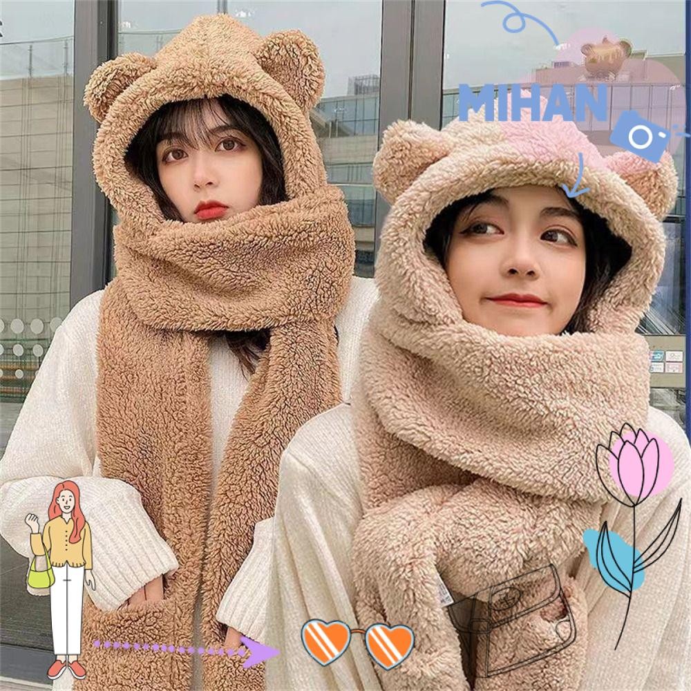 เดือน หมวกผ้าพันคอถุงมือชุด,สีทึบฤดูหนาวที่อบอุ่นผู้หญิง หมวกไหมพรม หมวก,สบายๆหนาตุ๊กตาน่ารักหูป้องกันหูหมวกขี่จักรยาน