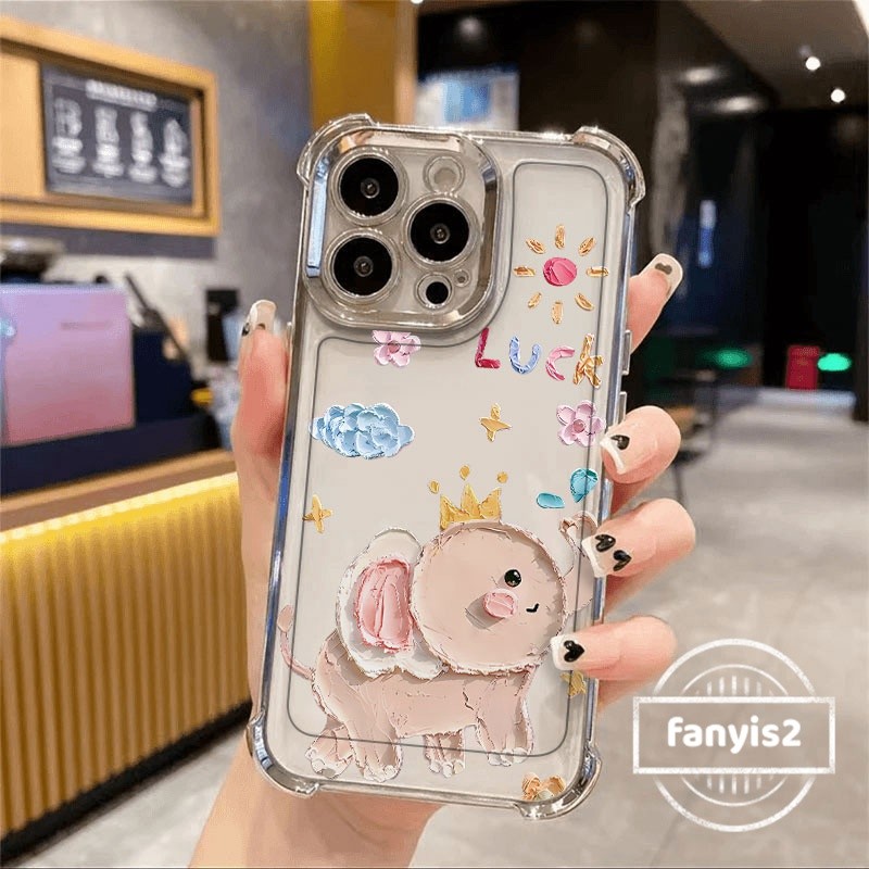 สําหรับoppo A60 A3X A18 A38 A15 A16 A57 A77s A5s A3s A58 A54 A95 A7 A9 A5 A78 A79 A98 Reno 8Tปลอกการ์ตูนช้างป้องกันการล่มสลายชุบถุงลมนิรภัยโปร่งใสฝาครอบโทรศัพท์สี่มุมโปร่งใส