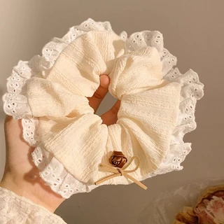 แฟชั่นสีกากี Bowknot ลูกไม้ผมหางม้าผมแหวนหัวเชือกผูกผม Scrunchies Headwear