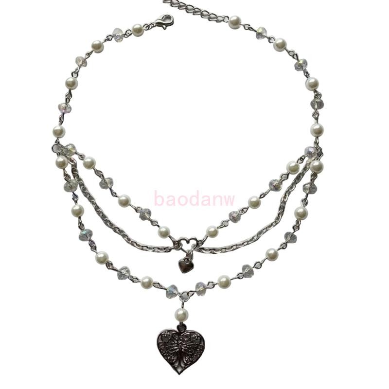 Ppy Multi-layer Butterfly Love สร้อยคอจําลองเพิร์ลผีเสื้อหัวใจ Choker สร้อยคอ Fairy Rosary Clavicle 