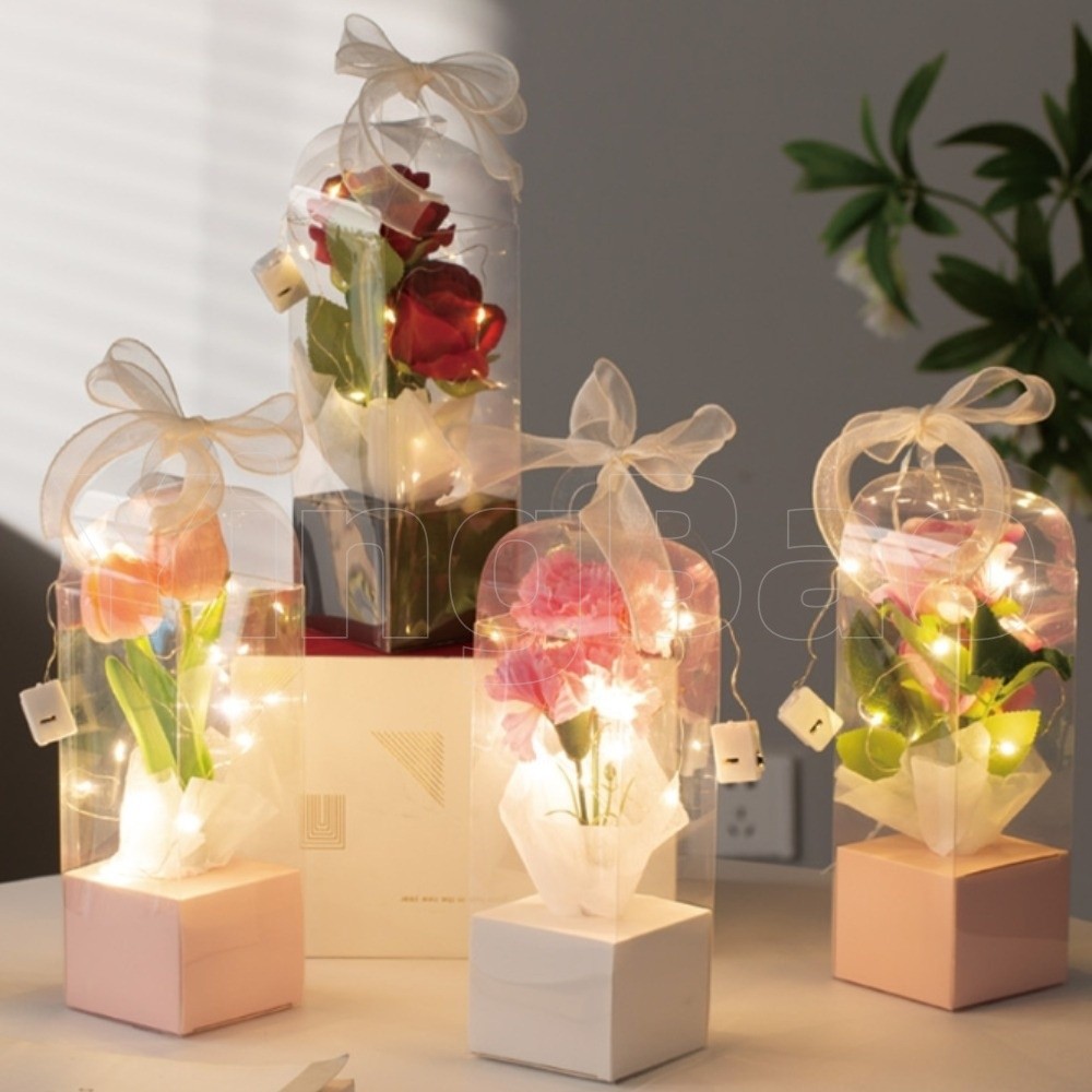 กล่องของขวัญดอกไม้วันวาเลนไทน์ ที่ใส่มือเดี่ยว ช่อกุหลาบ ถุงของขวัญสีชมพู บรรจุภัณฑ์โปร่งใส พีวีซี กล่องห่อดอกไม้ ทําเอง - รูปที่ 4