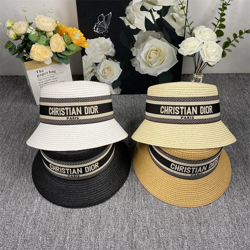 Dior1025 Straw Hat Sun Hat Travel Sunshade Sunscreen Bucket Hat Strawทอ