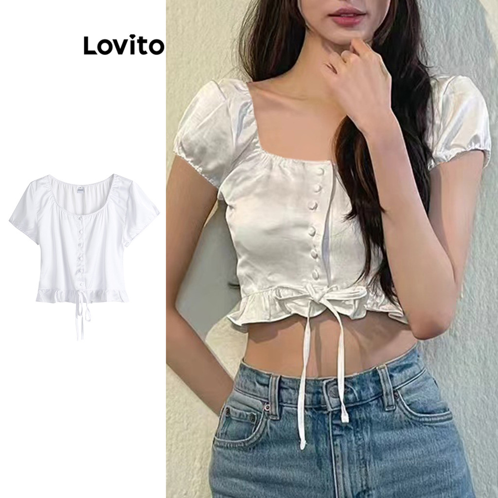 Lovito เสื้อเบลาส์ลูกไม้ธรรมดาสำหรับผู้หญิง LNE72631