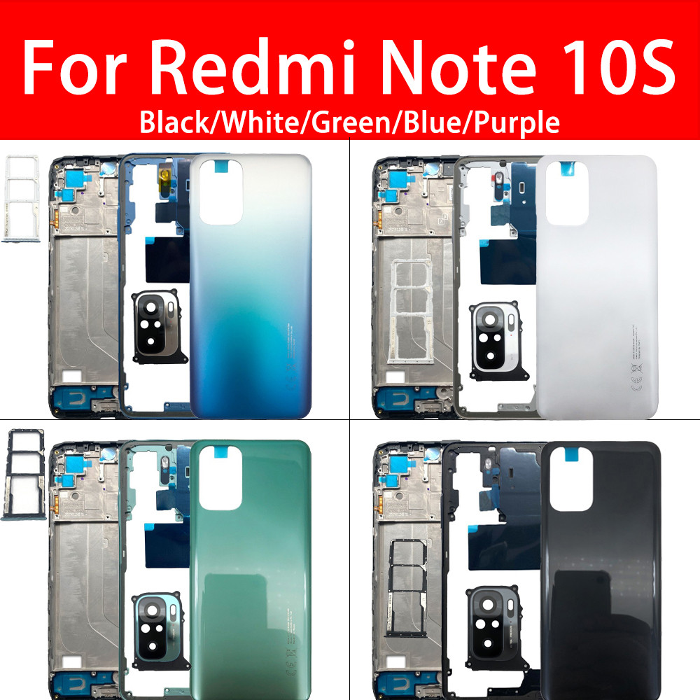 สําหรับ Xiaomi Redmi note 10S แบตเตอรี่ฝาหลังกระจกด้านหลัง + LCD ด้านหน้ากรอบกลางปุ่ม + เลนส์กล้องด้านหลังกาวเปลี่ยนชิ้นส่วน