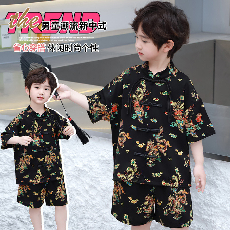 ชุดเด็ก Hanfu Suit Tang Suit Boys shirt shorts Big Children Chinese Style ชุดเด็กเด็กชายชุดจีนชุด Tang ชุดเด็กผู้ชายเด็กโตสไตล์จีนสไตล์จีน