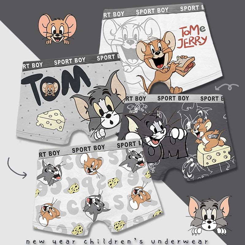 [4 แพ็ค~แมวทอม] การ์ตูนผ้าฝ้ายแท้ระบายอากาศนักมวยนักมวยชุดชั้นในเด็กชาย